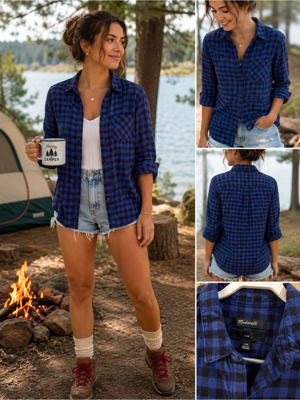 Madewell Blue Black Buffalo Plaid Flannel Shirt XXS Slim Fit Cotton Campcore